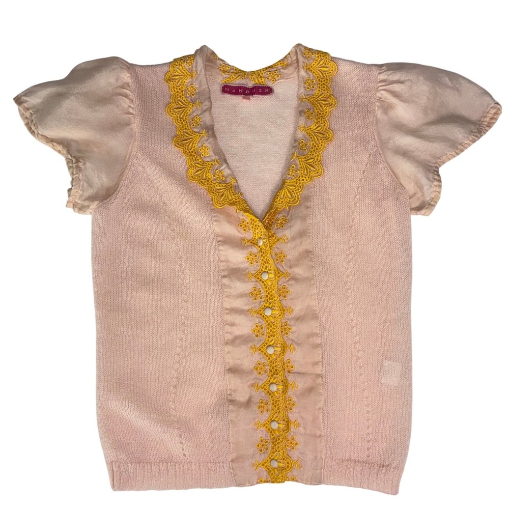 Manoush Pink Mohair Blend Embroidered Flutter Sleeve Cardigan M Coquette STAIN